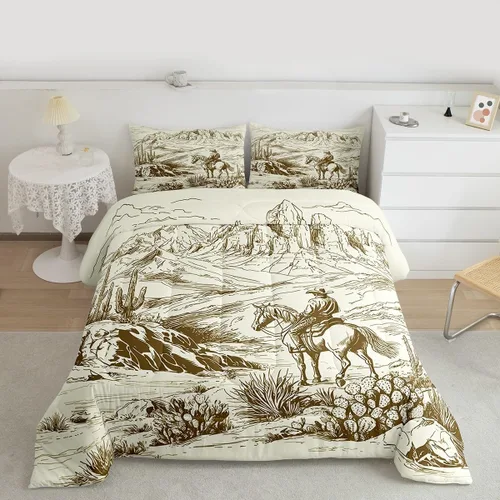 Vista 12 de Juego de edredón de vaquero individual, ropa de cama occidental para niños y hombres, ilustración dibujada a mano de caballo americano salvaje