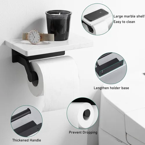 Vista 4 de Soporte de papel higiénico de aluminio negro mate Hoimpro con estante de mármol natural blanco, soporte de almacenamiento de rollo de papel de mano