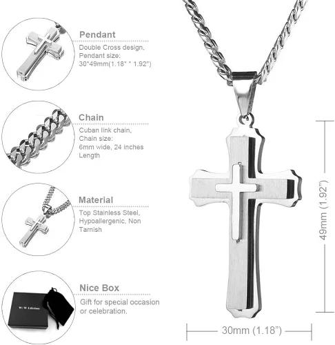 Vista 3 de WW Lifetime - Collar de cruz para hombres y niños, collar con colgante de cruz doble de acero inoxidable con cadena de eslabones cubanos de 24