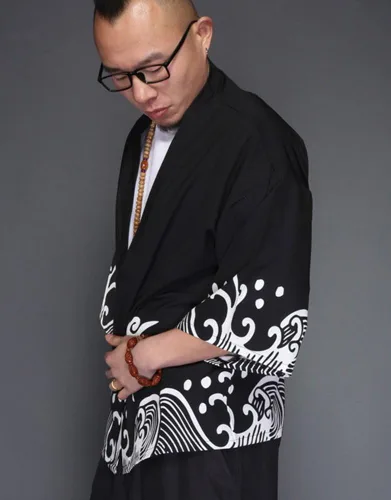 Vista 2 de LifeHe Chaquetas tipo kimono para hombre, cárdigan japonés, ligero, casual, siete mangas, frente abierto, camisa abrigo