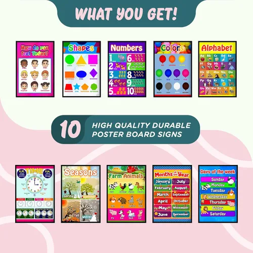 Vista 4 de L&O Goods - Paquete de 10 carteles educativos grandes para preescolares, niños, aulas de jardín de infantes, aprendizaje temprano divertido