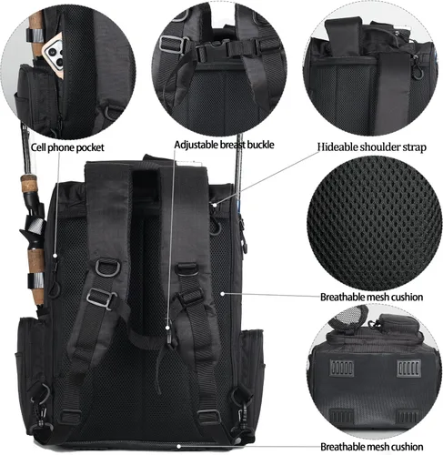 Vista 7 de Fishing Tackle Backpack With Rod Holders, Large 40L Fishing Backpack for Camping, Hiking