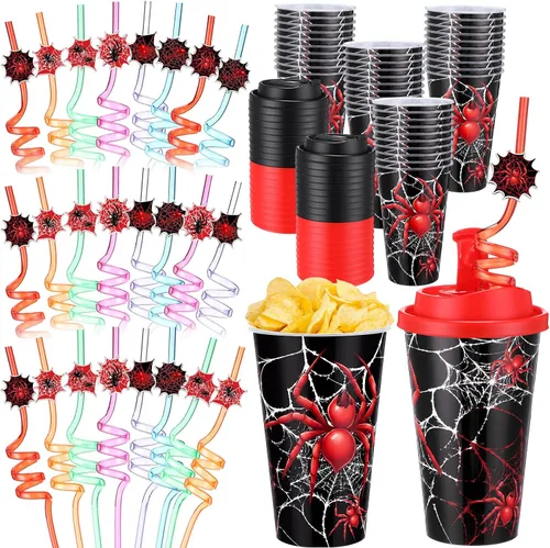 Vista 25 de Yungyan 16 juegos de tazas de golosinas con tapas y pajitas para decoraciones de cumpleaños, reutilizables, 16 onzas, vasos de plástico para dulces