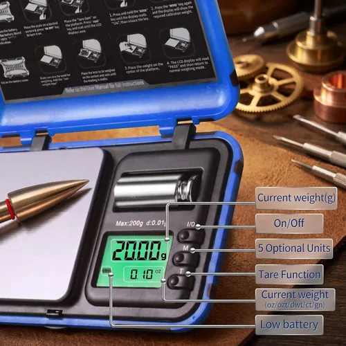 Vista 2 de Báscula de tiro con arco de doble unidad y pantalla HD, escala digital LCD de flechas de bolsillo, escala de 7.05 oz x 0.00 oz de gramos, mini Azul