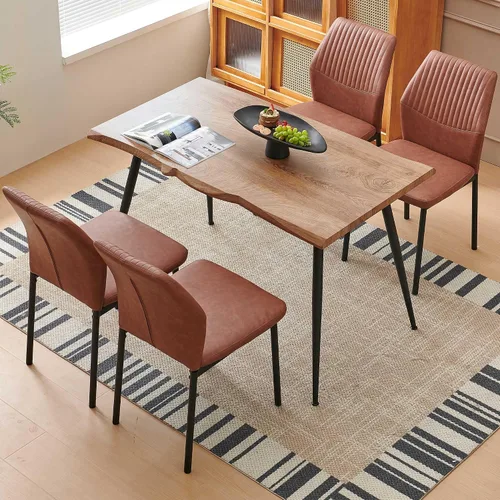 Vista 4 de Juego de mesa de comedor para 4, mesa de comedor rectangular irregular de madera moderna, sillas de comedor de cuero, 4 mesas y sillas, juego de 4