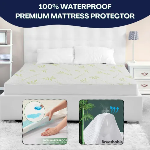Vista 2 de Protector de colchón de bambú refrescante con cremallera - Funda de colchón 100% impermeable tamaño individual - Cubiertas de colchón de tela