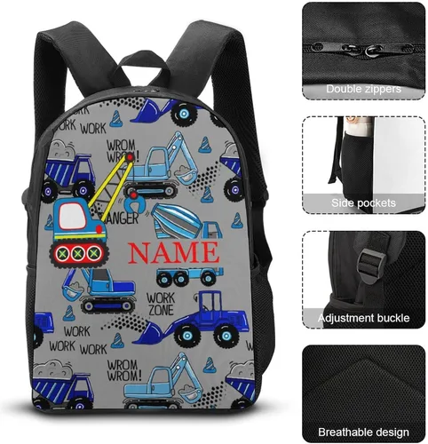Vista 3 de Mochila de automóvil de excavadora azul personalizada de 3 piezas con tu nombre, mochila escolar con texto, bolsa de libros personalizada