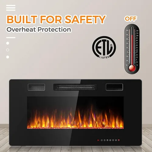 Vista 8 de Topment Chimenea eléctrica empotrada y montada en la pared con color y velocidad de llama ajustables, control remoto y táctil con temporizador, bajo