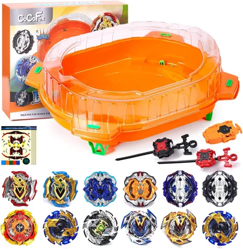Vista 7 de COCOFOX Juego de Juguetes Battling Top Burst, 6 Battling Tops, 2 Lanzadores y 1 Estadio, Juguetes para Niños y Niñas de 6 Años en Adelante (Naranja)