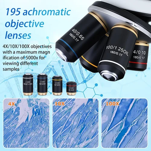 Vista 3 de Microscopio binocular 40X-2500X, oculares WF10x y WF25x, iluminación LED, con soporte para pieza de mano, para principiantes, microscopio