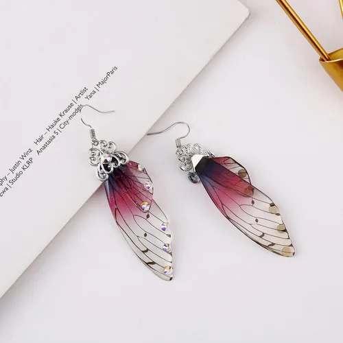 Vista 3 de BELLA-Bee - Aretes colgantes de alas de mariposa chapados en oro con cristal y diamantes de imitación, joyería para mujeres y niñas, joyería