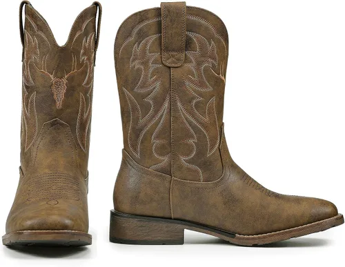 Vista 4 de Cowboy Boots for Men Square Toe Western Boots Retro Classic Embroidered Pull On Boot Marrón