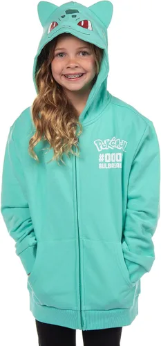 Vista 6 de Mad Engine Sudadera con capucha Pokémon para niños Gen 01 con cierre y disfraz 3D de personaje Bulbasaur