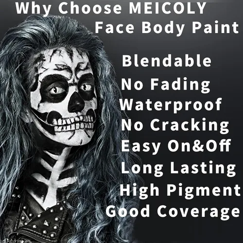 Vista 4 de MEICOLY SFX Joker - Juego de 6 piezas de maquillaje de Halloween, pintura facial blanca y negra, maquillaje clásico profesional a base de aceite