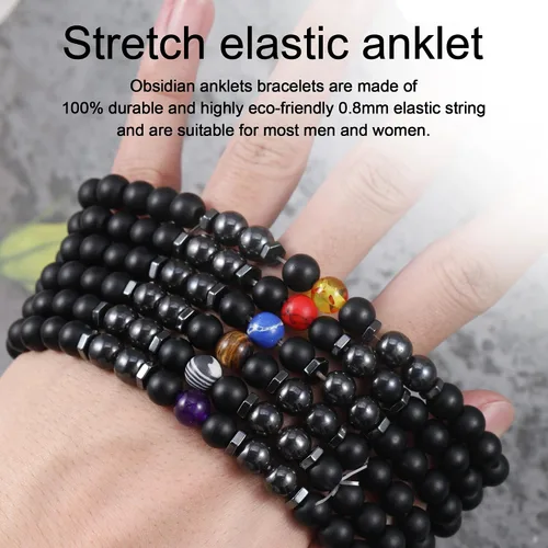 Vista 4 de Tobilleras de obsidiana negra para mujeres y hombres, 6 pulseras de tobilleras ajustables de turmalina natural, cristales de piedras preciosas