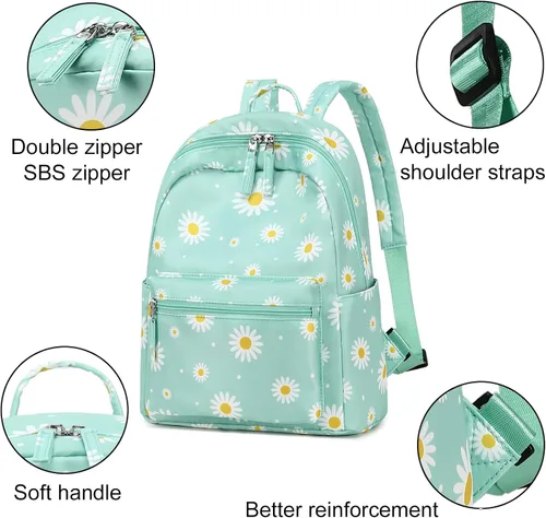 Vista 8 de LEDAOU Mini mochila para niñas, bonita mochila pequeña para mujeres, adolescentes, niños, escuela, viajes, bolso de hombro, Margarita blanca verde