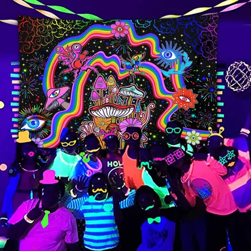 Vista 4 de NiYoung Tapiz Trippy para colgar en la pared, luz negra, arco iris, flores coloridas, ojos, estrellas, plantas mágicas, neón reactivo a los rayos