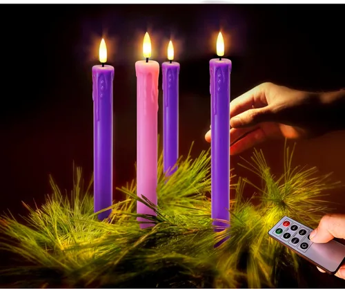 Vista 9 de Juego de 4 Luces de Velas LED de Navidad, Velas Cónicas que Funcionan con Batería para Corona de Adviento, 3 Moradas 1 Rosa Velas de Cera Sin Llama