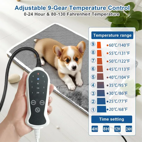 Vista 2 de Cama térmica para perros de 20x20 pulgadas, colchón de felpa con 9 niveles ajustables, funda extraíble lavable a máquina, fondo antideslizante, gris