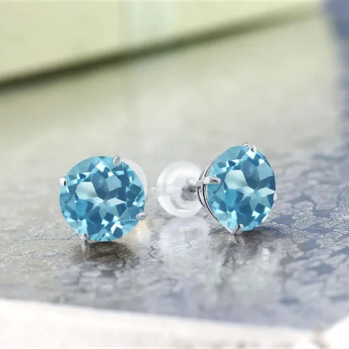 Vista 2 de Gem Stone King Aretes de oro blanco sólido de 14 quilates con piedra natal redonda de 0.315 in Aretes de oro con respaldo cómodo para mujer