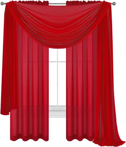 Vista 6 de Cortinas traslúcidas negras para ventana con bufanda a juego, 2 paneles de gasa y 1 cenefa para dormitorio, sala de estar, cortinas decorativas Negro