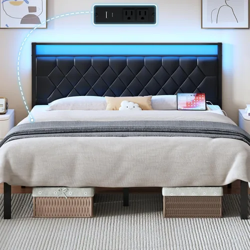 Vista 8 de Base de cama individual con estación de carga, luz LED y cabecera tapizada de piel sintética, base de cama de plataforma con almacenamiento debajo