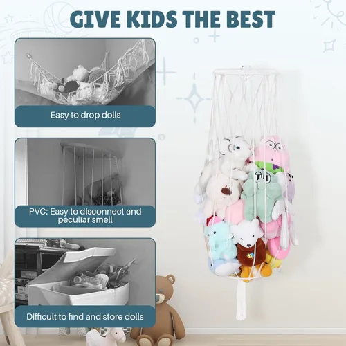 Vista 5 de Organizador grande de juguetes de peluche, hamaca colgante de animales de peluche, almacenamiento de juguetes de macramé, estante de exhibición