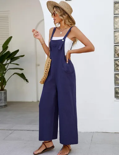Vista 3 de Kissonic Overol holgado con pechera para mujer, estilo casual, holgado, pierna ancha, con bolsillos Azul marino