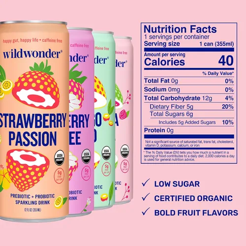 Vista 4 de Wildwonder Bebida de jugo probiótico espumosa con inmunidad y apoyo a la digestión, con fibra de 0.18 oz y probióticos vivos, sin cafeína, orgánica