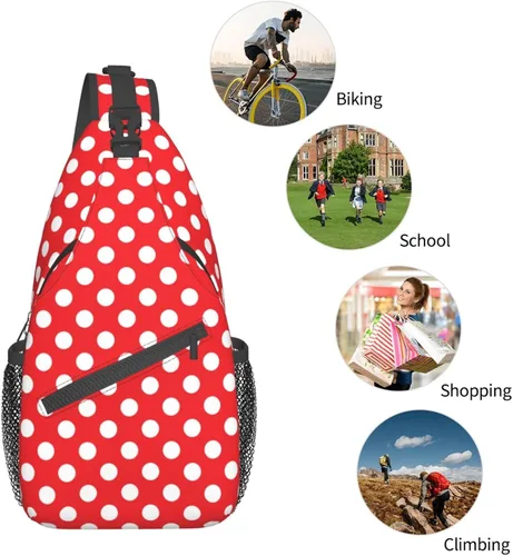 Vista 6 de Mochila cruzada de lunares rojos y blancos para viajes, senderismo, mochila para mujeres y hombres, unisex, bolsas de hombro para el pecho
