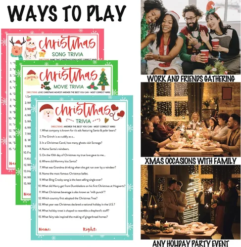Vista 3 de KMLIFE 63 tarjetas de juego de trivia de Navidad, 3 temas, actividades de adivinanzas navideñas para adultos, familias, amigos, niños, grupos
