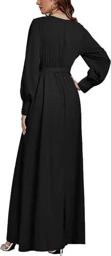 Vista 2 de LYANER Elegante vestido largo con cuello en V y cinturón de cintura y manga larga para mujer