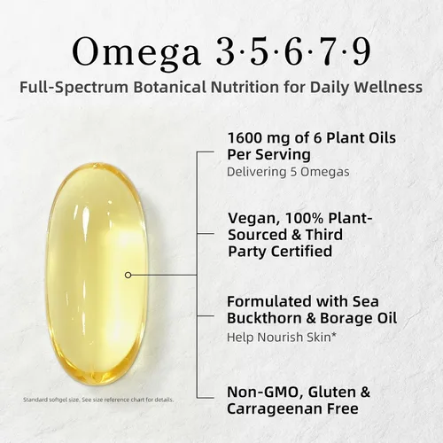 Vista 3 de Omega vegano 3 5 6 7 9 cápsulas blandas 1600 mg a base de plantas DHA EPA