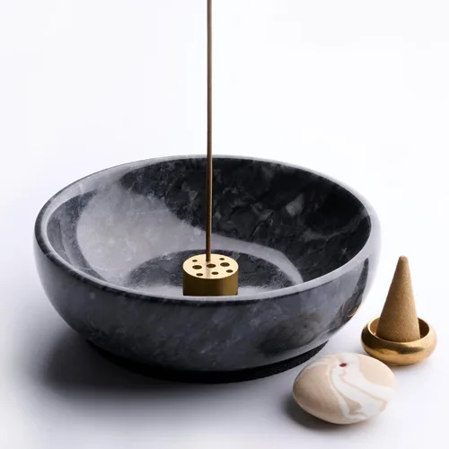 Vista 7 de Cuenco de incienso de mármol con quemador de latón – Quemador de incienso de piedra pulida a mano natural para palos, conos, palo, santo y salvia