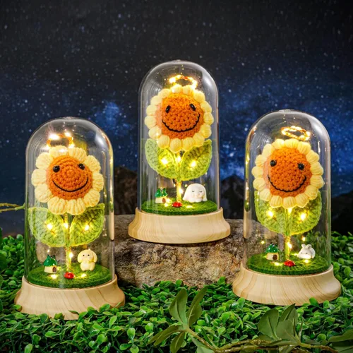 Vista 4 de Regalos de girasol de ganchillo para mujeres, regalos de cumpleaños de flores de sol artificiales para abuela, en cúpula de plástico girasol