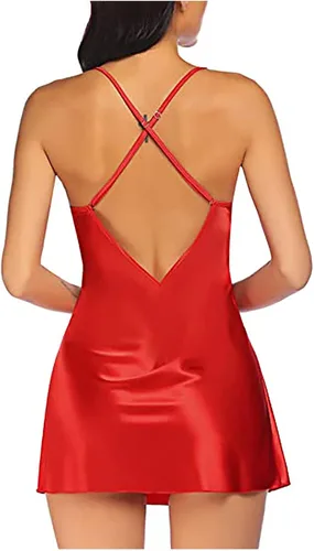 Vista 2 de Vestido de lencería para mujer para sexo, travieso, sexy, cuello en V, camisola de encaje, empalme, vestido de satén, mini vestido de peluche