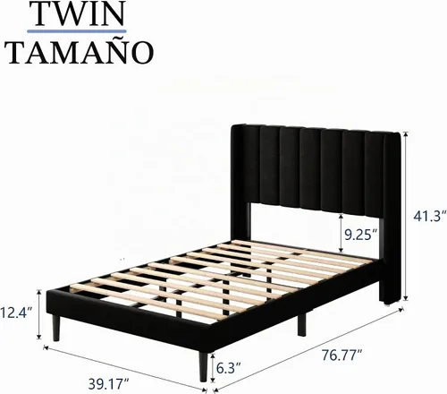 Vista 2 de Gruwans Base de cama de tamaño individual con cabecera tapizada con respaldo de ala, plataforma de fácil montaje, soporte de listones de madera,