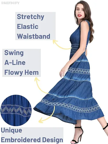 Vista 2 de DREFBUFY - Vestido largo para verano, sin mangas, acampanado, de mezclilla y algodón, azul, estilo casual y bohemio, para mujer
