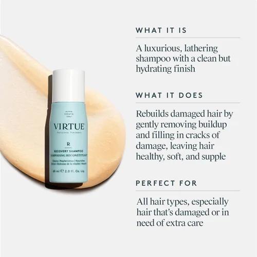 Vista 2 de VIRTUE Champú de recuperación sin sulfato con queratina y aceite de semilla de baobab para cabello dañado, color seguro