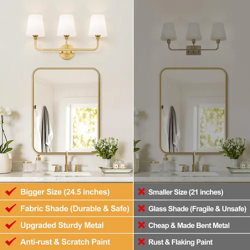 Vista 2 de MOKATNG Lámparas de baño, 3 luces doradas cepilladas, accesorios de iluminación de baño sobre espejo con pantalla de tela blanca acampanada