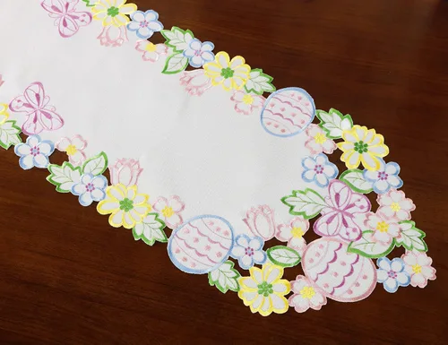 Vista 4 de Camino de mesa de Pascua y primavera de 13 x 68 pulgadas, huevos bordados, huevos florales con flores, mariposas y bufandas para el hogar, cocina