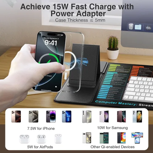 Vista 7 de Wireless Charging Mouse Pad with Foldable Phone Holder, 31.5"x15.8" XXL Excel Cheat Sheet Desk Mat for Laptop/Keyboard, Waterproof Ultra-Smooth