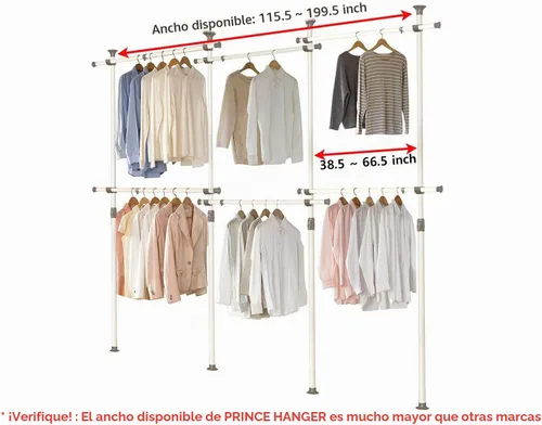 Vista 3 de PRINCE HANGER Rack Heavy Duty One Touch System Load 1,056LBS Percheros de ropa para colgar ropa Armario de metal Barra de tensión de ropa