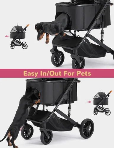 Vista 7 de Cochecito para perros pequeños y medianos de hasta 60 libras, cochecito plegable para mascotas con 4 ruedas con transportador desmontable