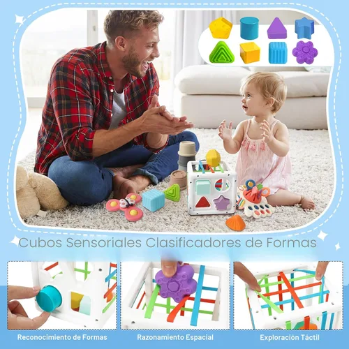 Vista 5 de Juguetes Montessori 6 en 1 para bebés de 6 a 12 meses en adelante, incluye juguete de cuerda de tirar, tazas apilables, caja de pañuelos, girador