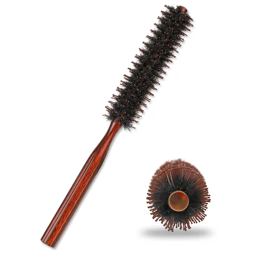 Vista 9 de Mozeat Lens Cepillo para el cabello, cepillo redondo pequeño de cerdas de jabalí con alfileres de nailon y mango de madera, cepillo para dar volumen