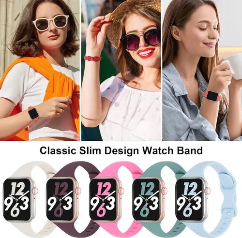 Vista 4 de Paquete de 5 bandas de silicona delgadas compatibles con Apple Watch de 38mm 42mm 40mm 44mm 41mm 45mm 46mm 49mm, correa deportiva estrecha y delgada