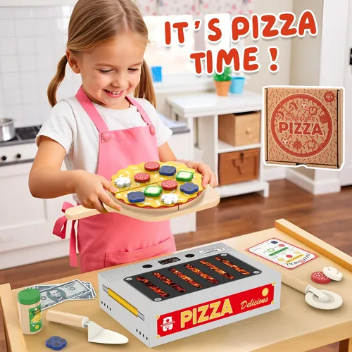 Vista 7 de WOODMAM Montessori - Juego de juguetes de pizza, comida realista con caja de horno, juguetes educativos de aprendizaje para niños en edad preescolar