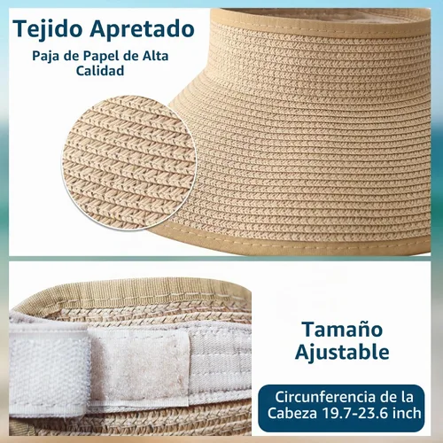 Vista 6 de NPJY Sun Hats for Women Wide Brim Roll-Up Ponytail Packable Straw Visor Blanco