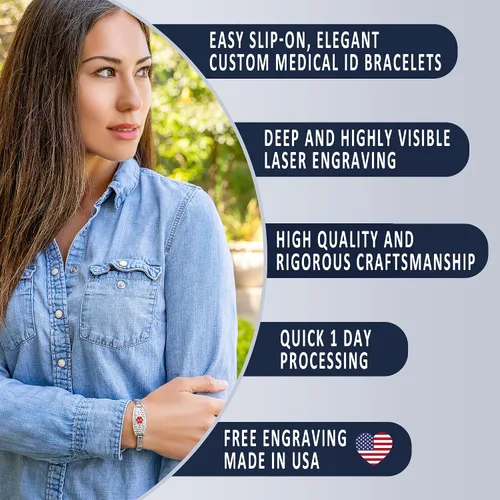 Vista 3 de Pulsera de Alerta Médica Elástica Oliva Divoti – Etiqueta de ID de Acero Inoxidable Grabada Personalizada – Hipoalergénica, Sin Cierre